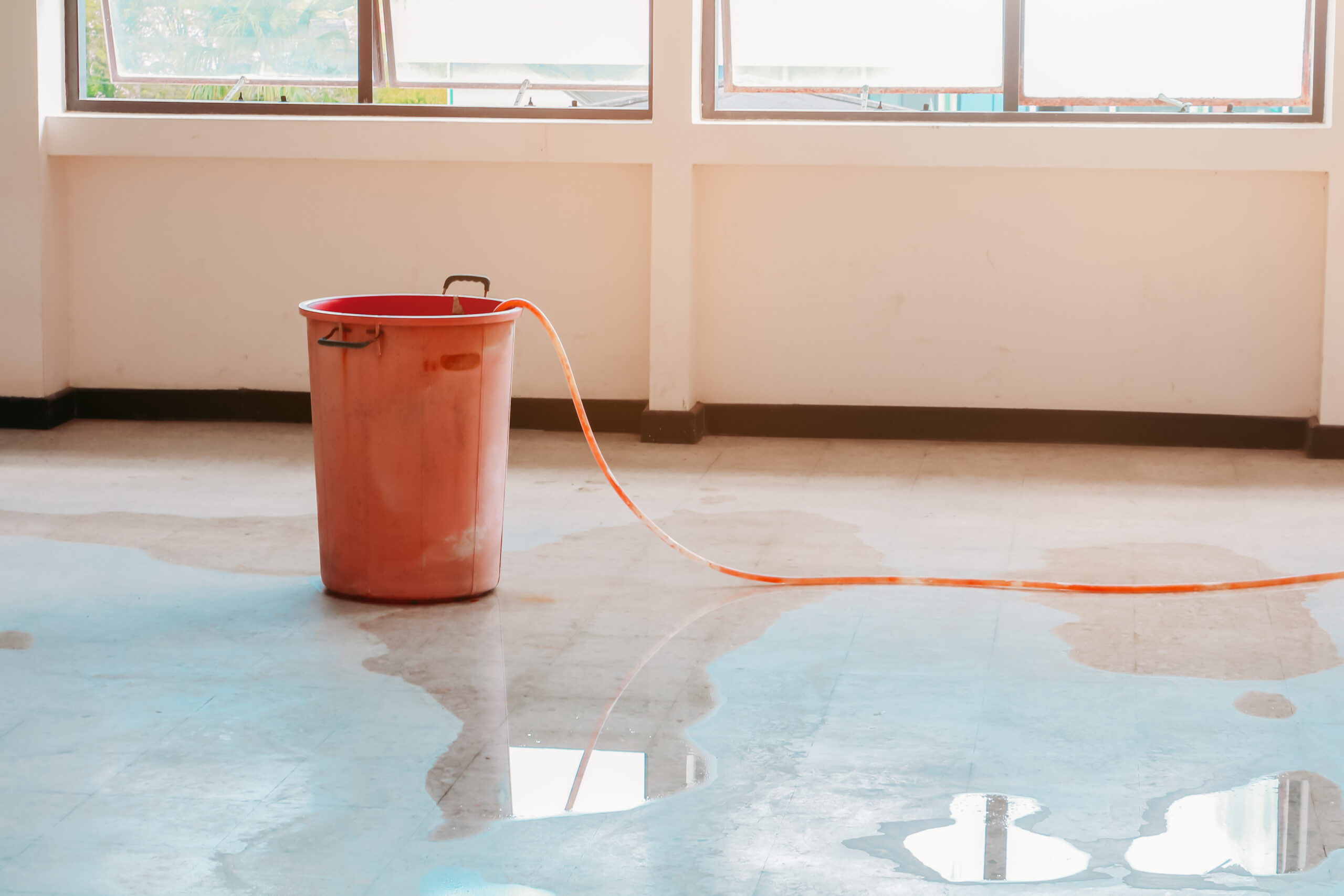 red bucket underlie water leak interior office building in from