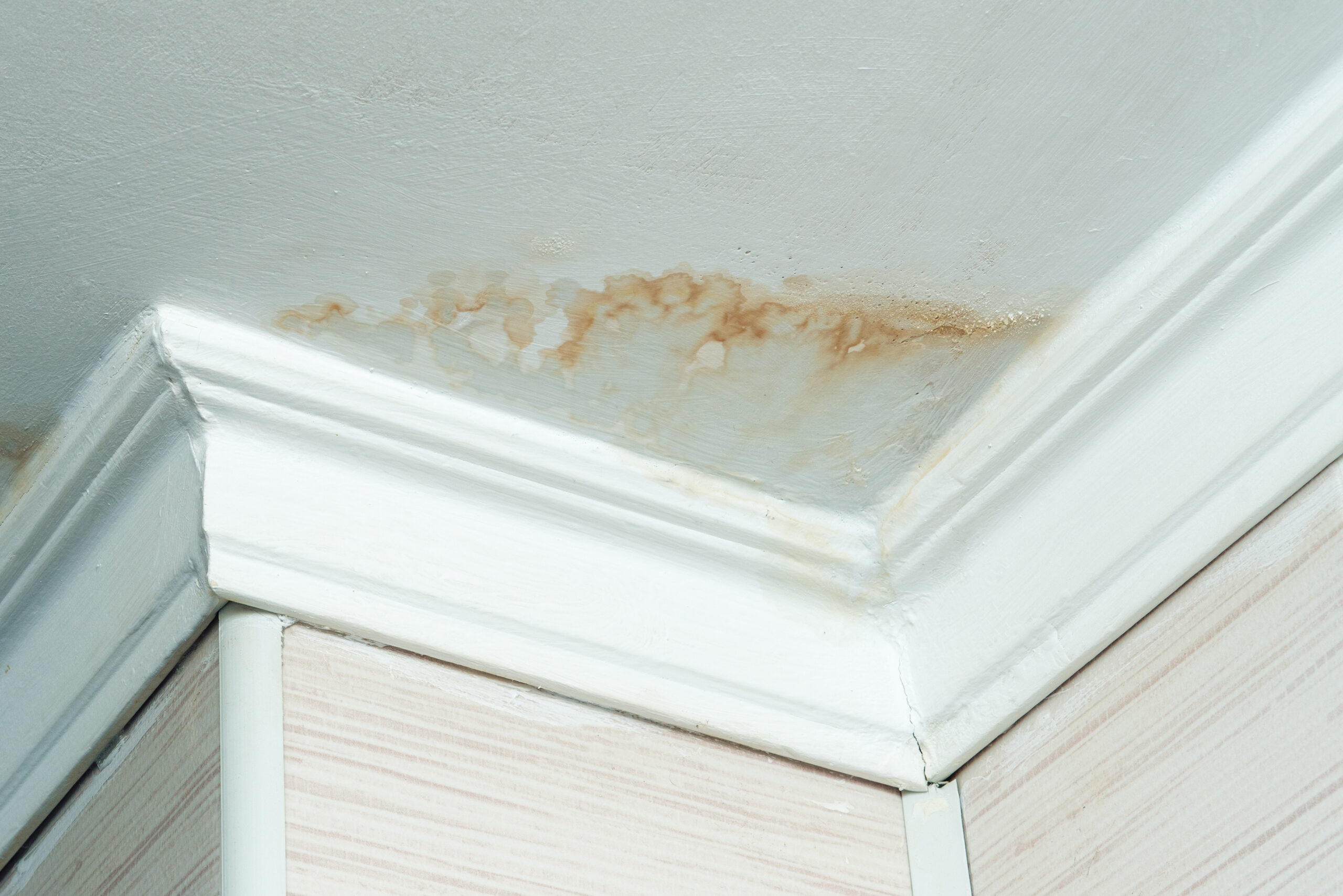 Neighbors have a water leak, water-damaged ceiling, close-up of a stain on the ceiling